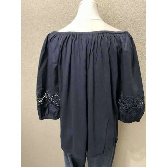 Loft, Women’s, 3/4 Puff Sleeve, Large Eyelet Flower Details, Navy Blue, Size: M - Picture 2 of 5